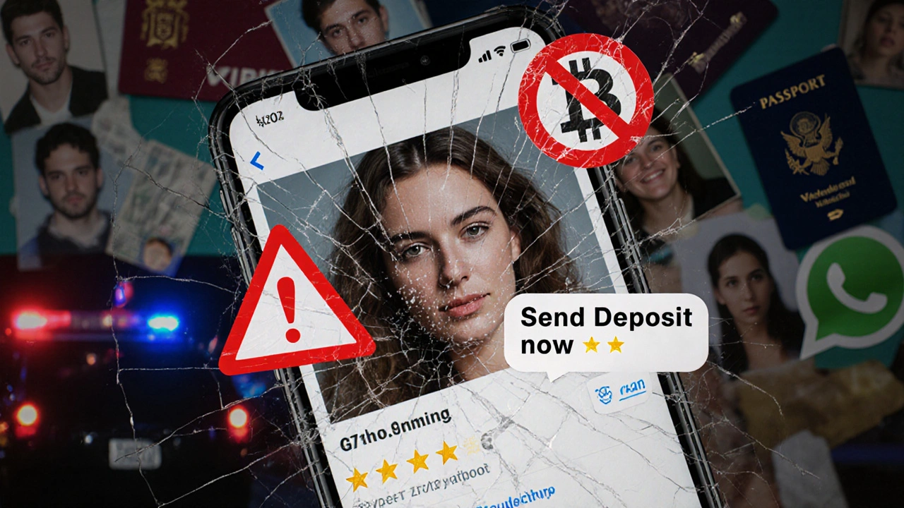 A smartphone screen showing stolen photos and scam payment requests with warning symbols.