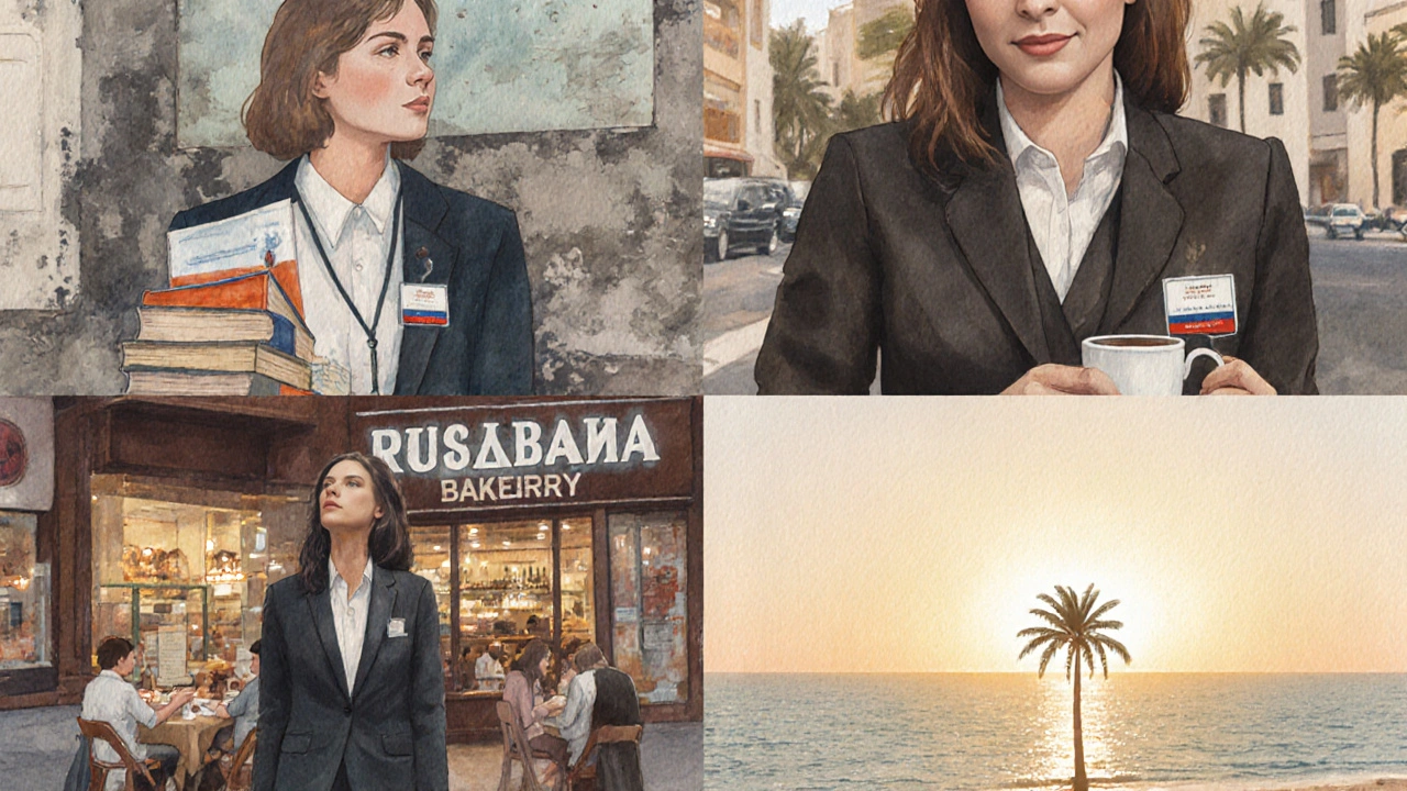 A symbolic portrait of a Russian expat in Dubai as student, professional, café visitor, and dreamer at sunrise.