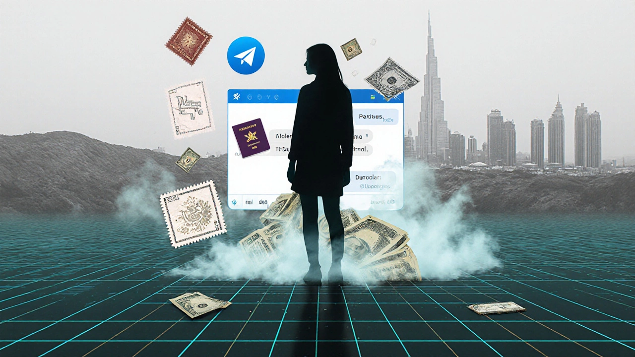 A symbolic silhouette surrounded by digital fragments and cash, representing migration and survival in Dubai&#039;s underground companionship economy.