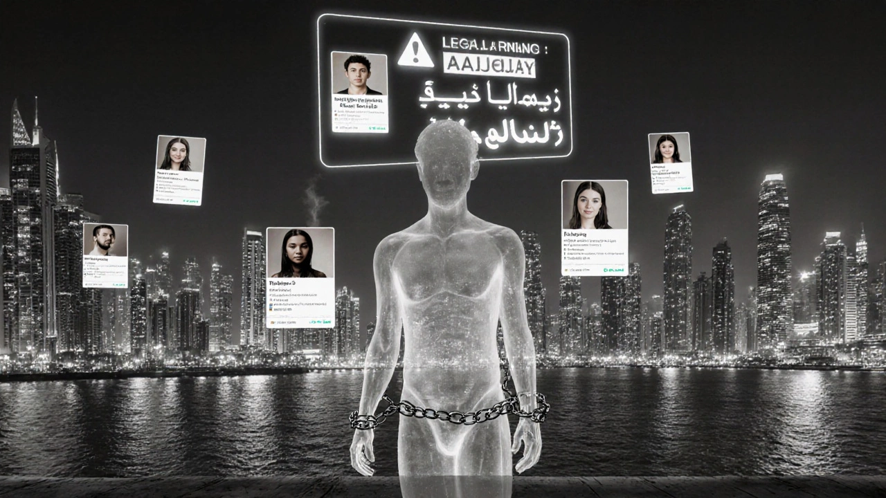 A transparent person surrounded by floating fake escort ads and legal warnings in Dubai Marina.