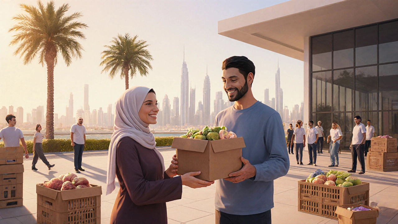 A volunteer handing food to a woman at a community drive in Dubai, with the city skyline behind them.