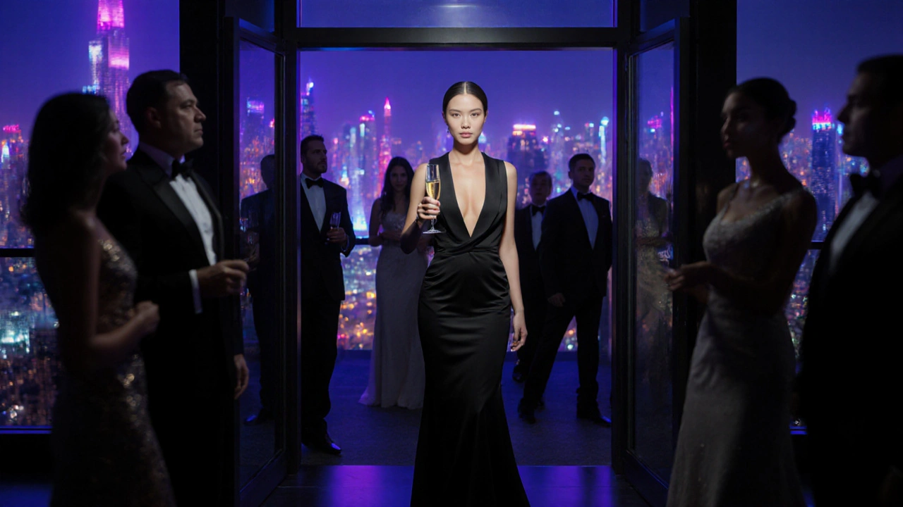A well-dressed woman enters an exclusive lounge, surrounded by affluent guests in dim, sophisticated lighting.