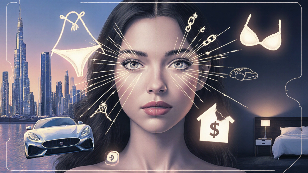 A woman&#039;s face connected to floating symbols of influencer life in Dubai.