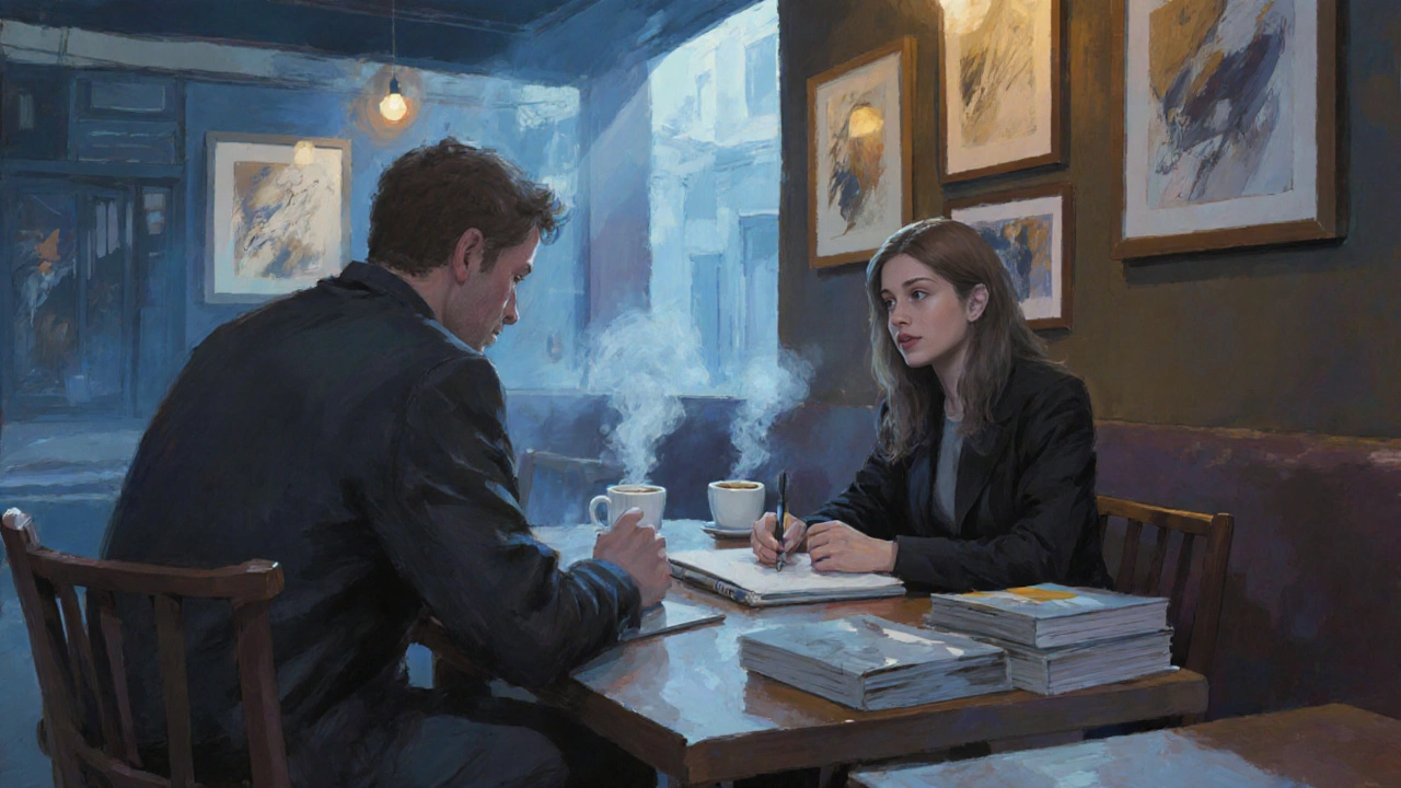 A woman at a café in Dubai’s art district, a man nearby observing politely from a distance.