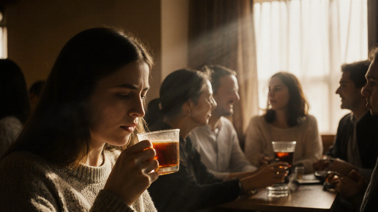 A woman at a quiet expat meetup, smiling as others laugh nearby in warm sunlight.