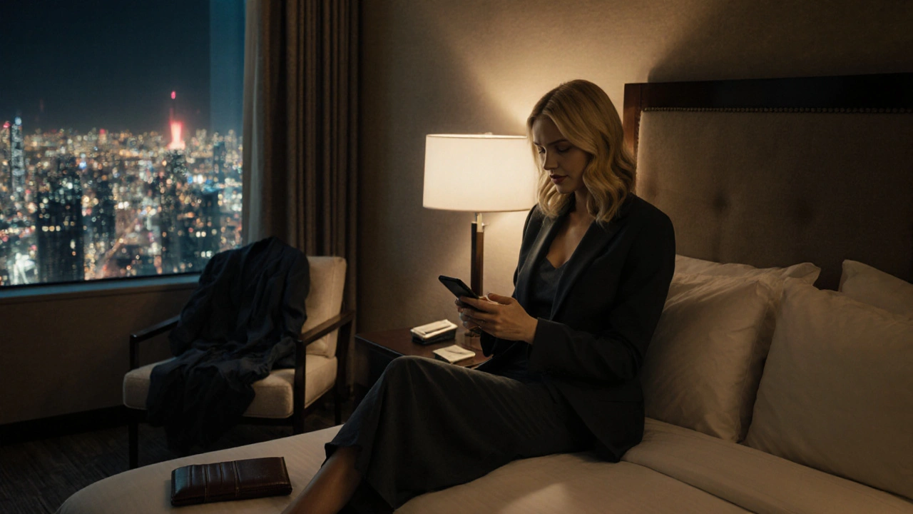 A woman in a dress sitting on a hotel bed in Dubai, checking her phone as the city lights glow through the window.