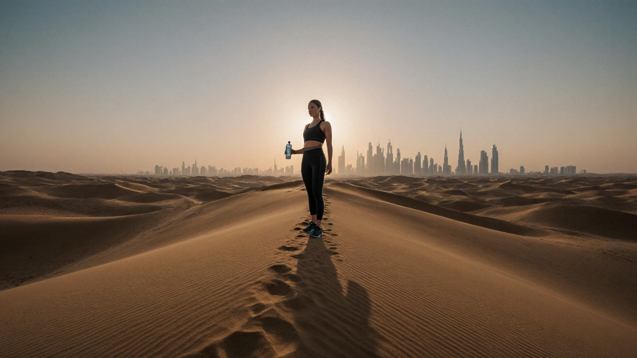 A woman standing on a desert dune at dawn with Dubai&#039;s skyline in the distance, symbolizing freedom and self-reliance.
