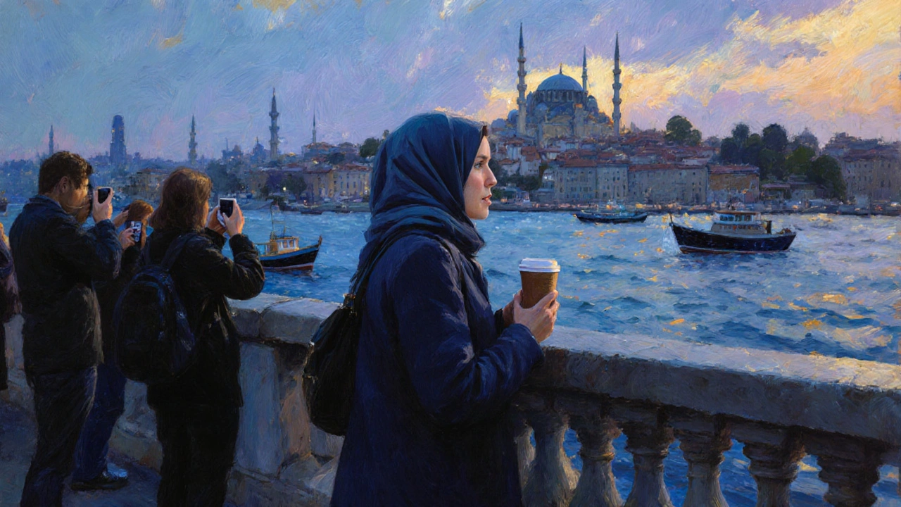 A woman standing on Galata Bridge at twilight, watching the city lights reflect on the Bosphorus.