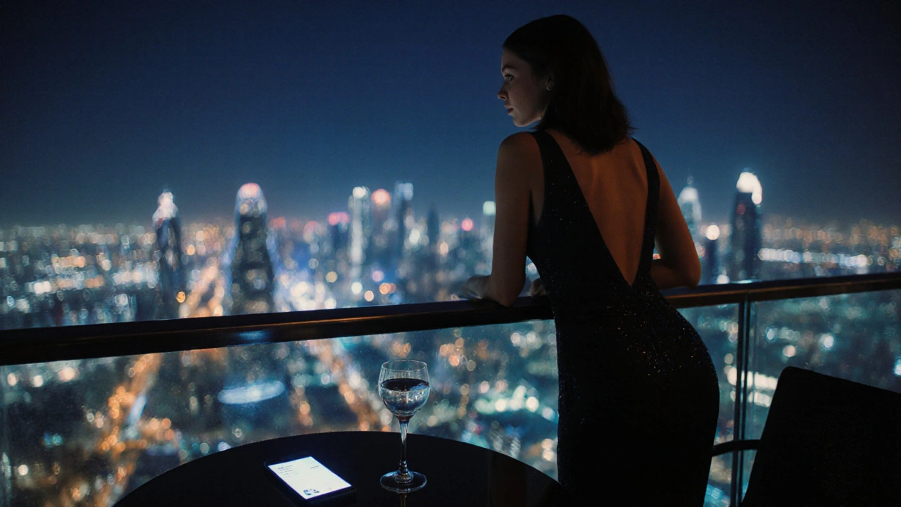 A woman stands at a rooftop bar in Dubai, gazing at the city lights, phone glowing with messages, night atmosphere calm and solitary.