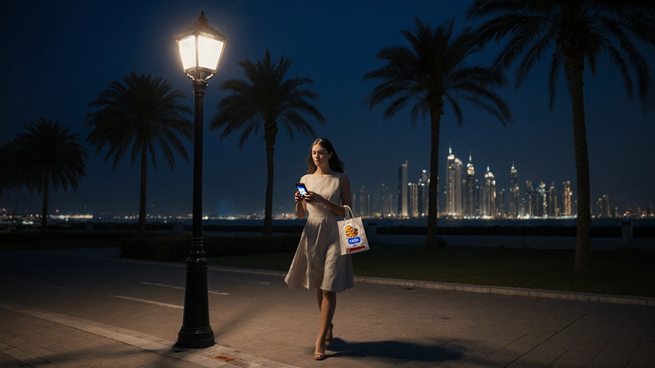 A woman walking alone at night in JBR, holding a gift, under a streetlamp with high-rises in the distance.