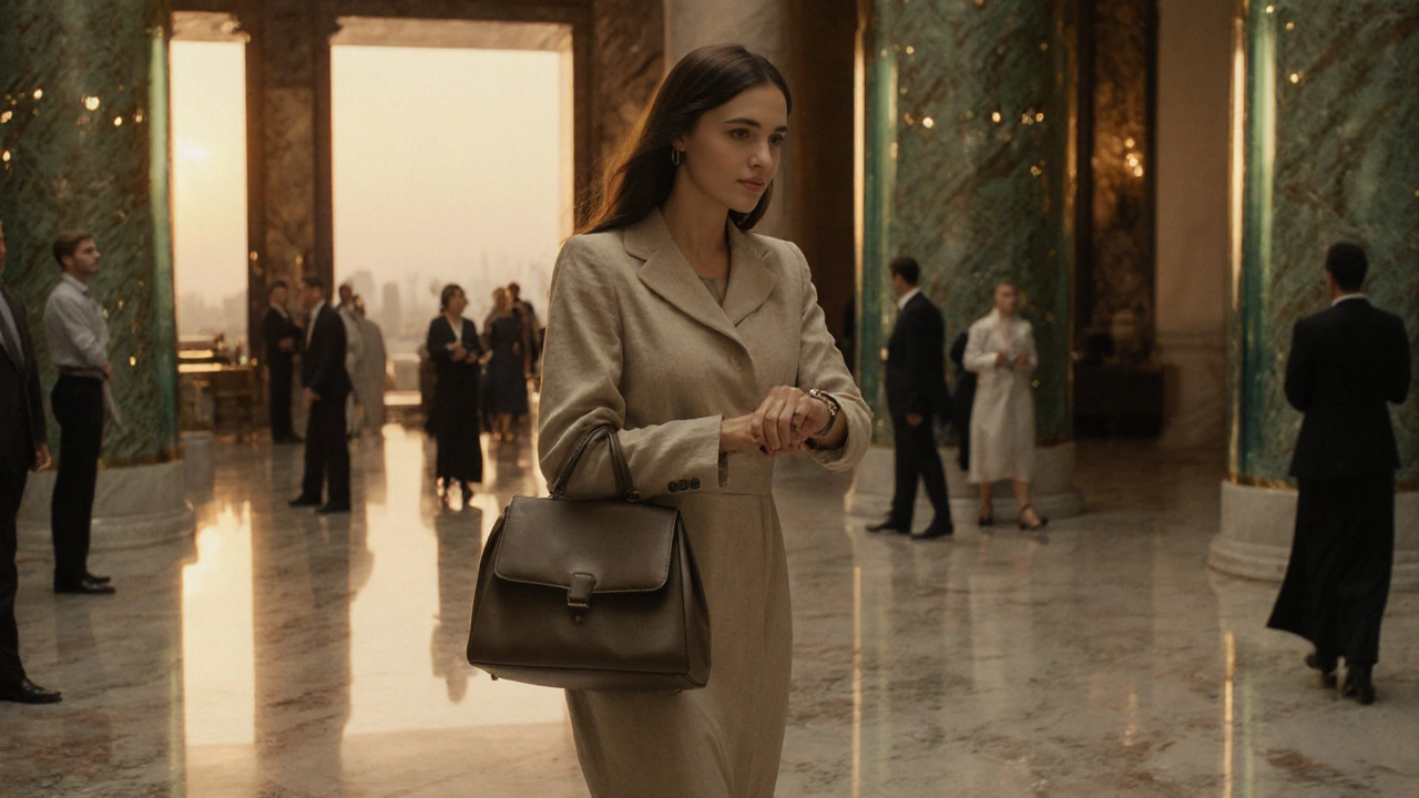 A woman walking calmly through the elegant lobby of Al Qasr Hotel during golden hour, alone, exuding discretion and professionalism.