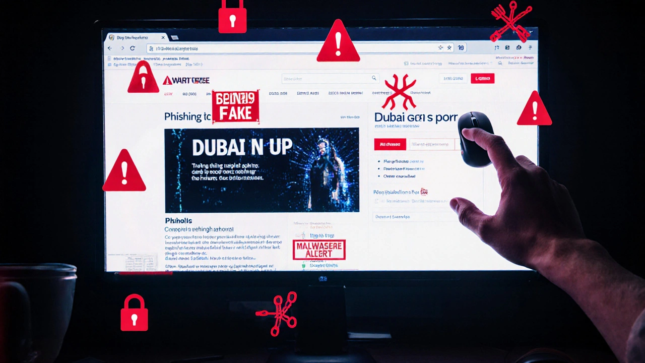Computer screen showing a fake &#039;Dubai girls porn&#039; website with malware warnings and a hesitant hand.