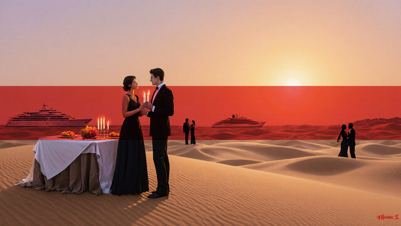 Couple enjoying sunset dinner on desert dune, other romantic activities in distance, shadowy trio in background.