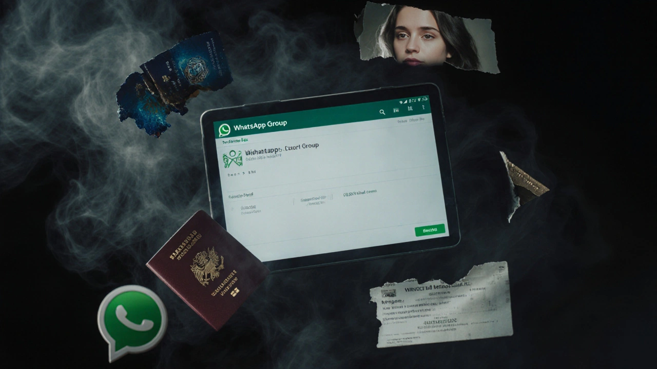 Digital fragments of a passport, keycard, and plane ticket floating in a dark, smoky network.