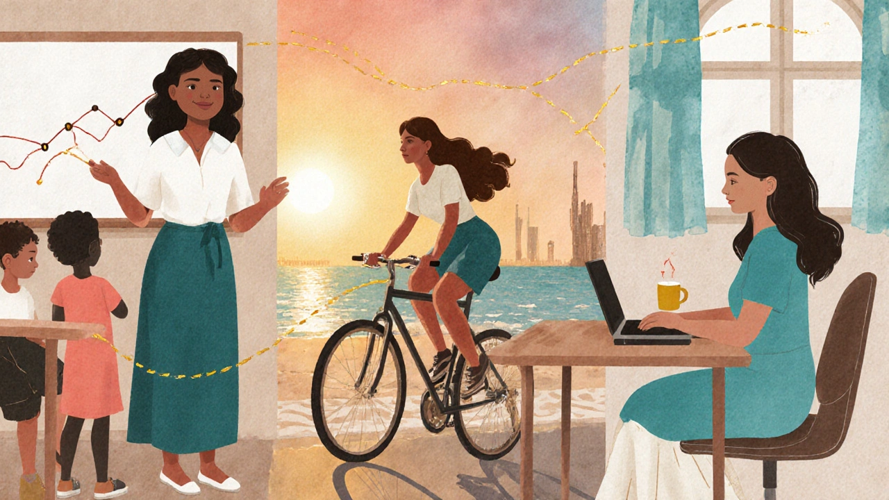 Diverse European women in Dubai teaching, cycling, and working in a women&#039;s co-working space, connected by golden light.