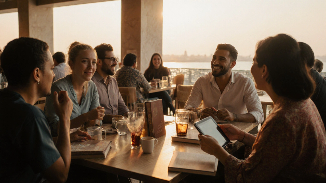 Diverse people chatting warmly in a sunlit Abu Dhabi café, enjoying coffee and conversation.
