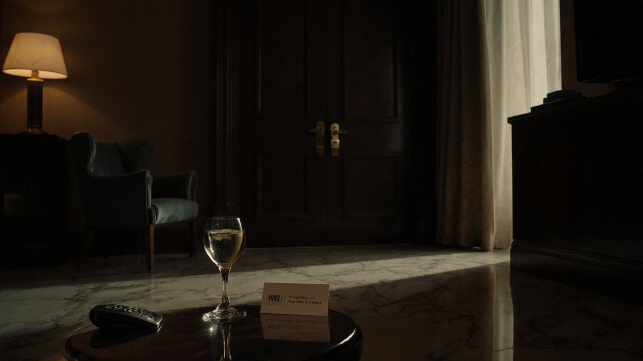 Empty hotel room at night with champagne glass and silenced phone, conveying tension and isolation.