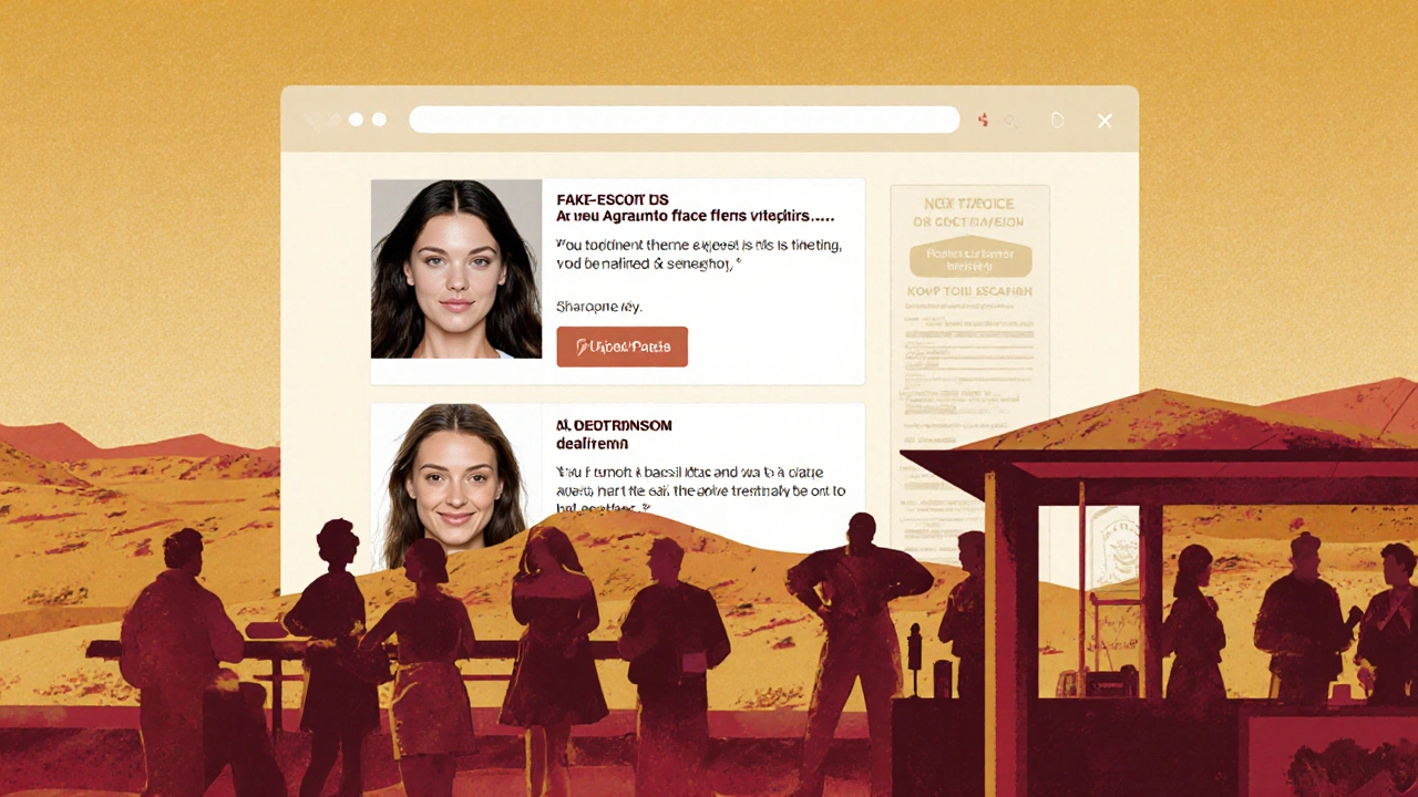 Fake escort ads float above Dubai&#039;s skyline while real social connections happen below.