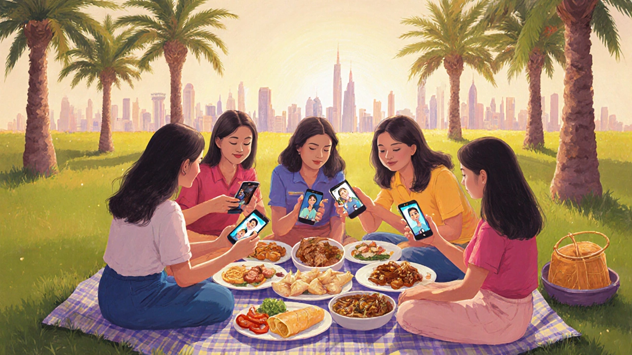Filipino women sharing meals and video calls with family in Zabeel Park on their day off.
