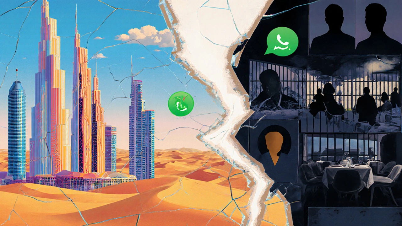 Fractured mirror reflecting Dubai’s beauty on one side and hidden dangers on the other.