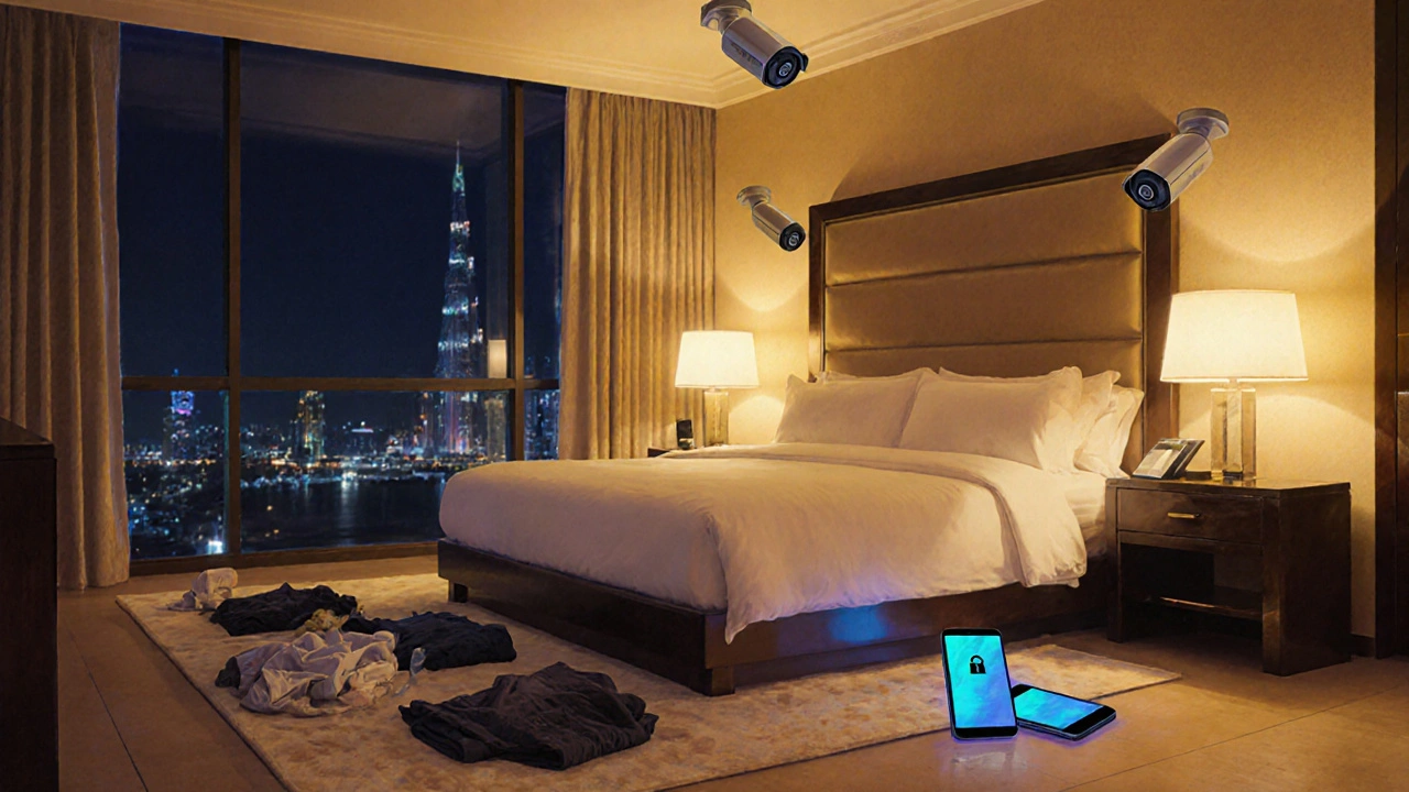 Luxury hotel room with three sets of clothing and visible security camera, phone glowing on nightstand.