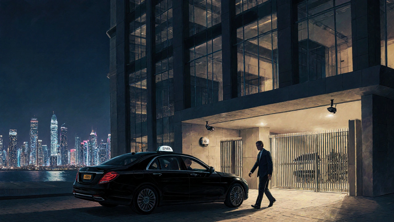 Man exiting a taxi at a secure Dubai building at night, skyline in background, no escort visible, sense of caution.