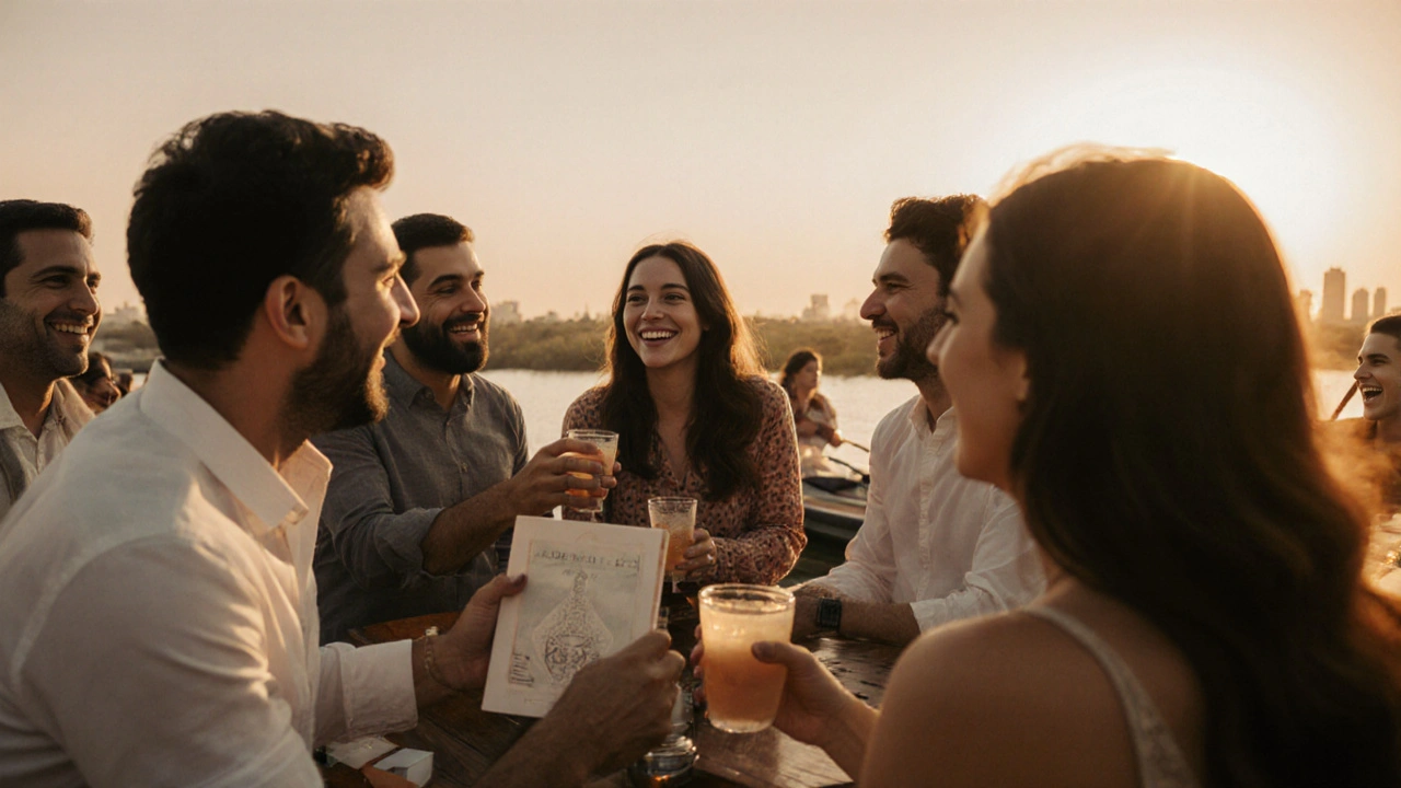People enjoying sunset drinks on a rooftop lounge in Abu Dhabi, sharing laughter and conversation.