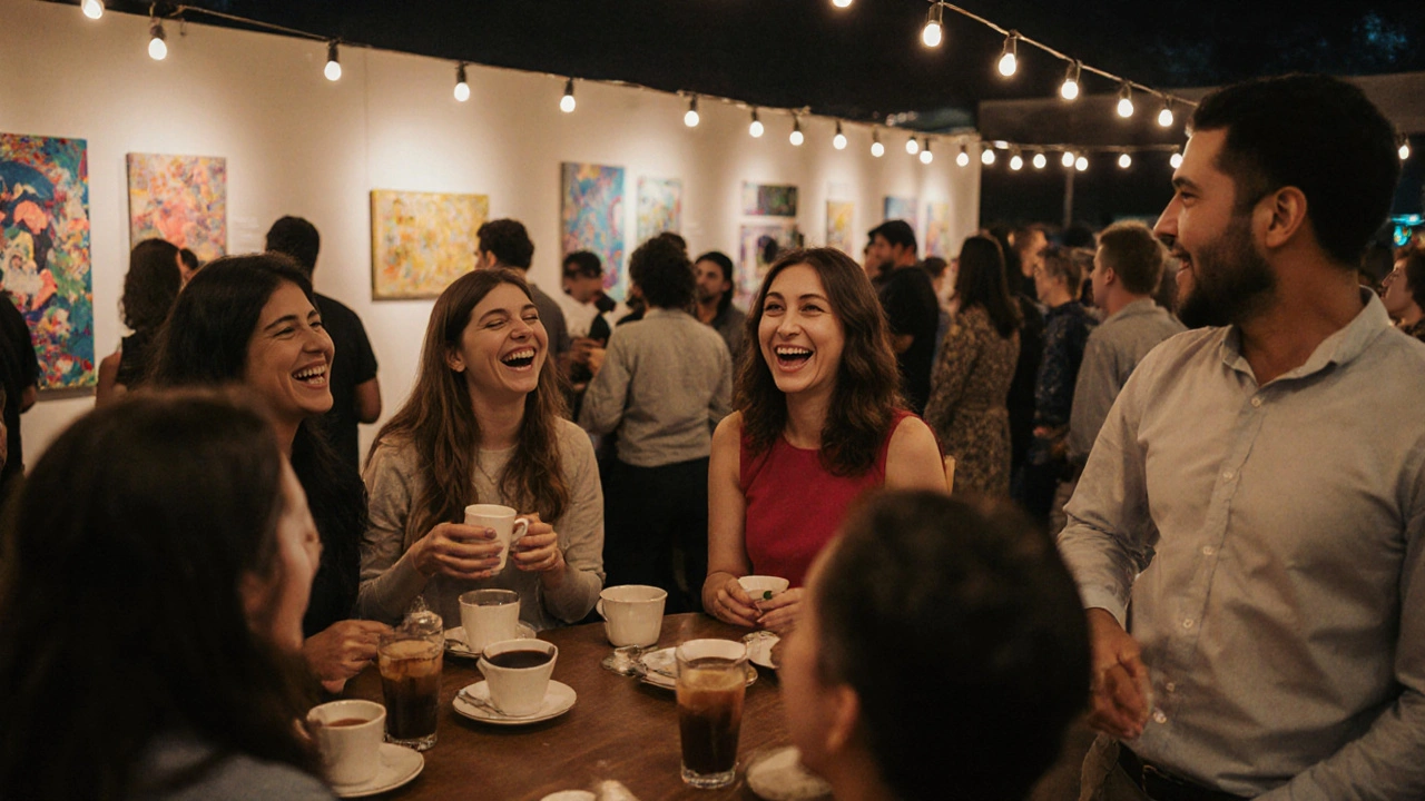 People socialize and enjoy art at the Sharjah Art Foundation during a lively evening event.