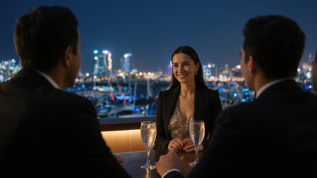 Professionals chatting in an elegant Dubai lounge with soft ambient lighting.