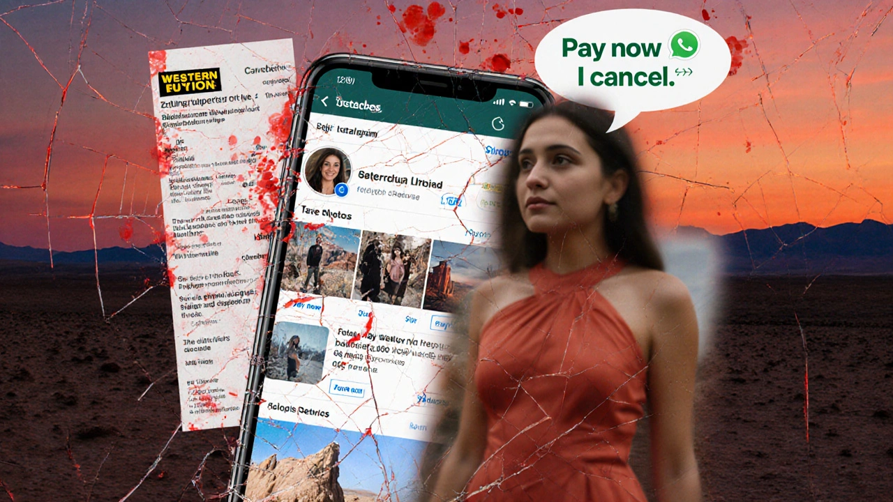 Red flags of an escort scam: fake photos, payment request, and WhatsApp message overlaid on a desert sunset.