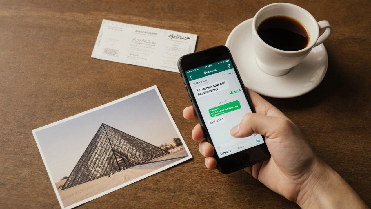 Smartphone with encrypted messages beside a museum ticket and coffee, symbolizing safe social connection.