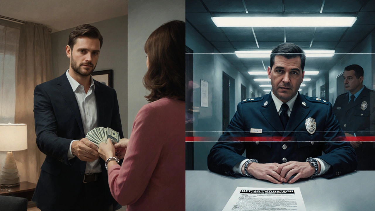 Split scene: professional meeting on one side, police station on the other, symbolizing legal consequences of escort encounters.