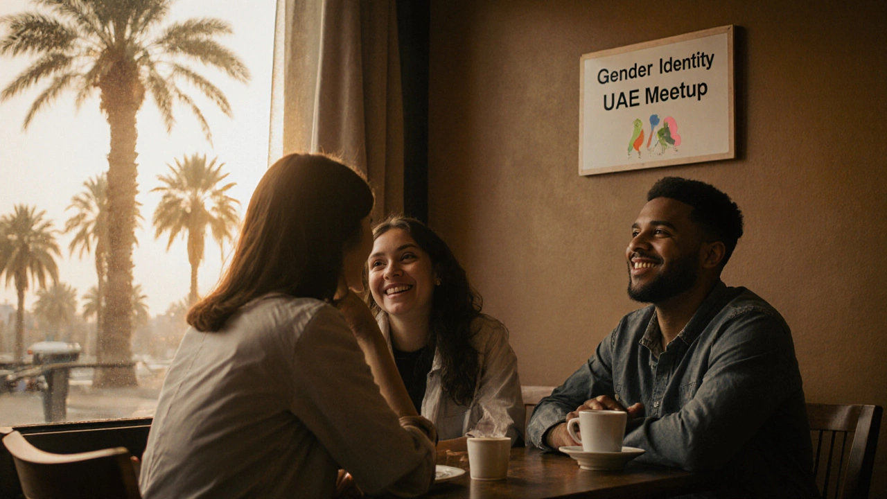Three people sharing coffee at a Dubai café, smiling quietly in a supportive, safe environment.