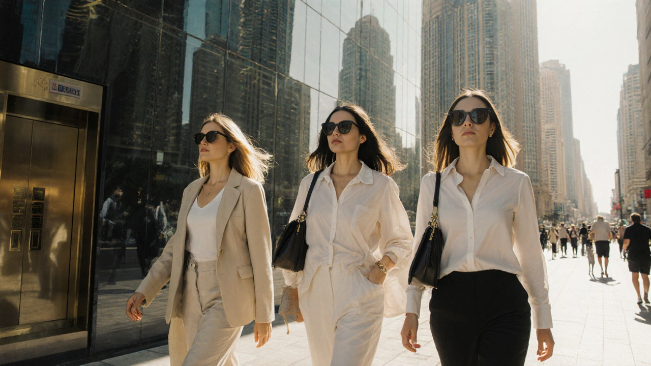 Three women walking through Downtown Dubai, each isolated in the crowd, reflections of hotels visible in glass buildings.