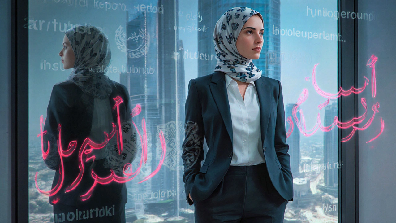 Turkish woman in a Dubai office, her reflection showing her multiple roles as leader, mother, and cultural bridge.