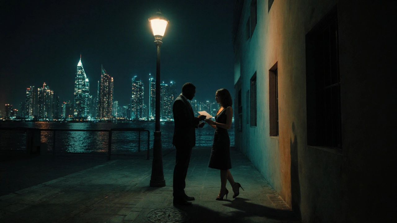 Two anonymous figures exchanging an envelope in a dark Dubai alley under a flickering lamp.