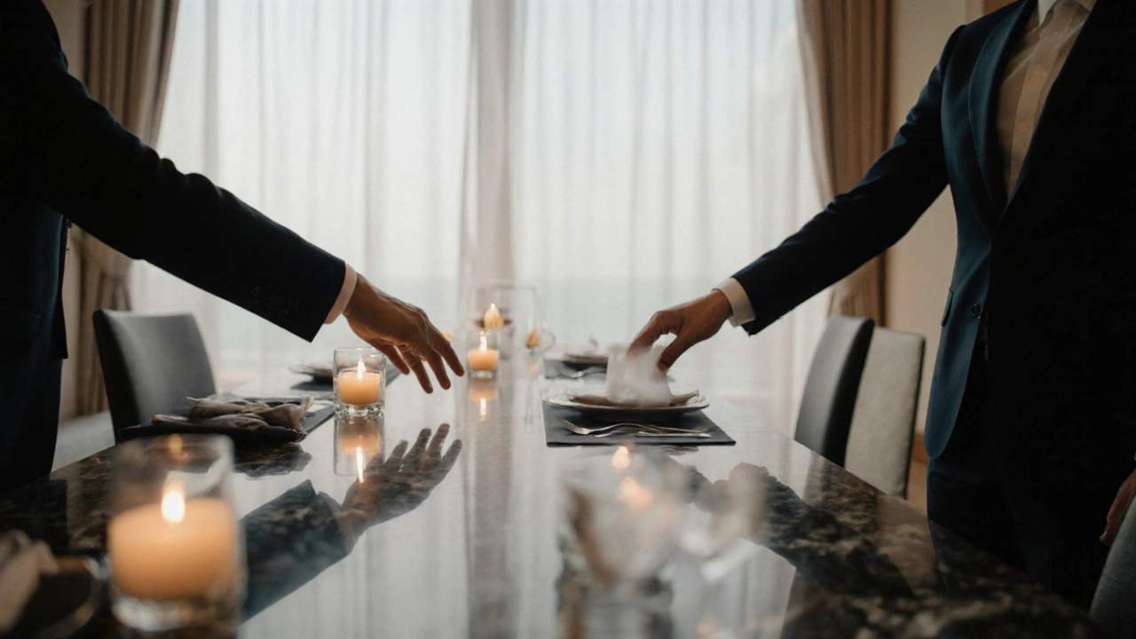 Two blurred figures shaking hands across a table in an upscale Dubai restaurant, candlelight highlighting mutual respect.