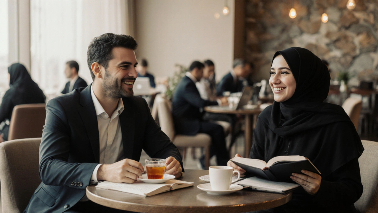 Two people meet respectfully in a hotel café in Ajman, sharing tea and conversation without physical intimacy.