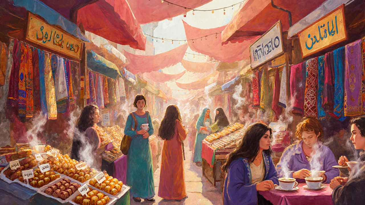 Vibrant Turkish bazaar in JLT filled with food, textiles, and women socializing over coffee.