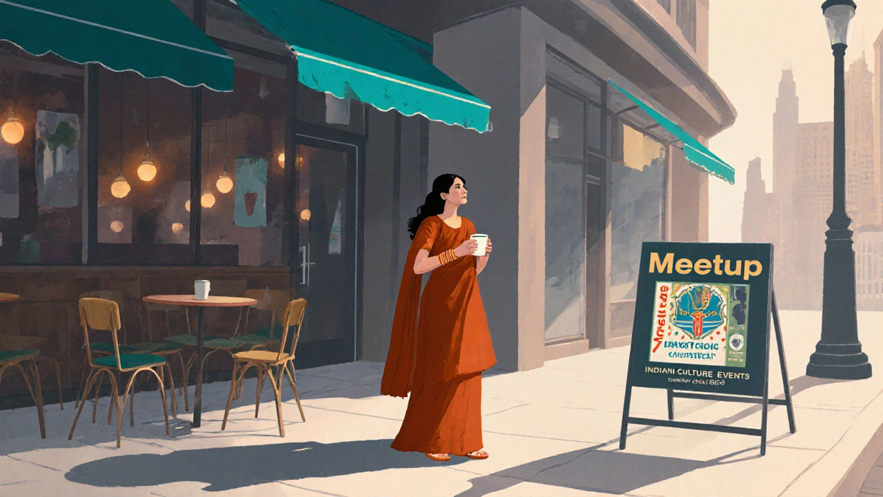 Woman in traditional Indian clothing outside a Dubai café near a cultural events sign