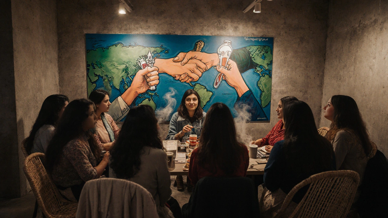 Women from diverse cultures gathered around a mural in Alserkal Avenue, sharing quiet moments of connection without cameras or filters.