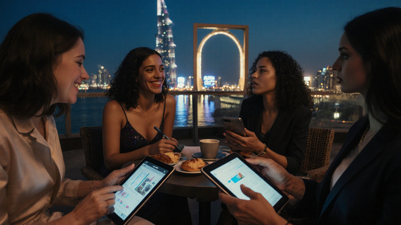 Women laughing at a rooftop lounge in Dubai with city lights glowing behind them.