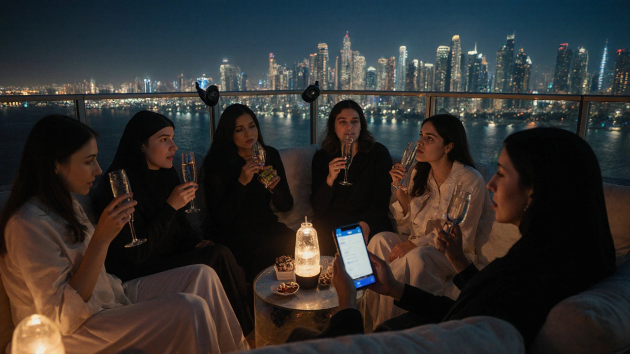 Women relaxing on a rooftop lounge in Business Bay, enjoying snacks and music under city lights.