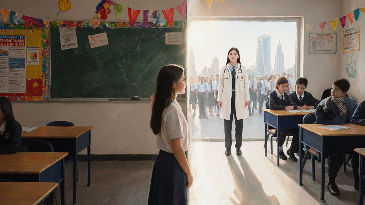 Young Filipina standing between Filipino classroom and international school, symbolizing generational dreams.