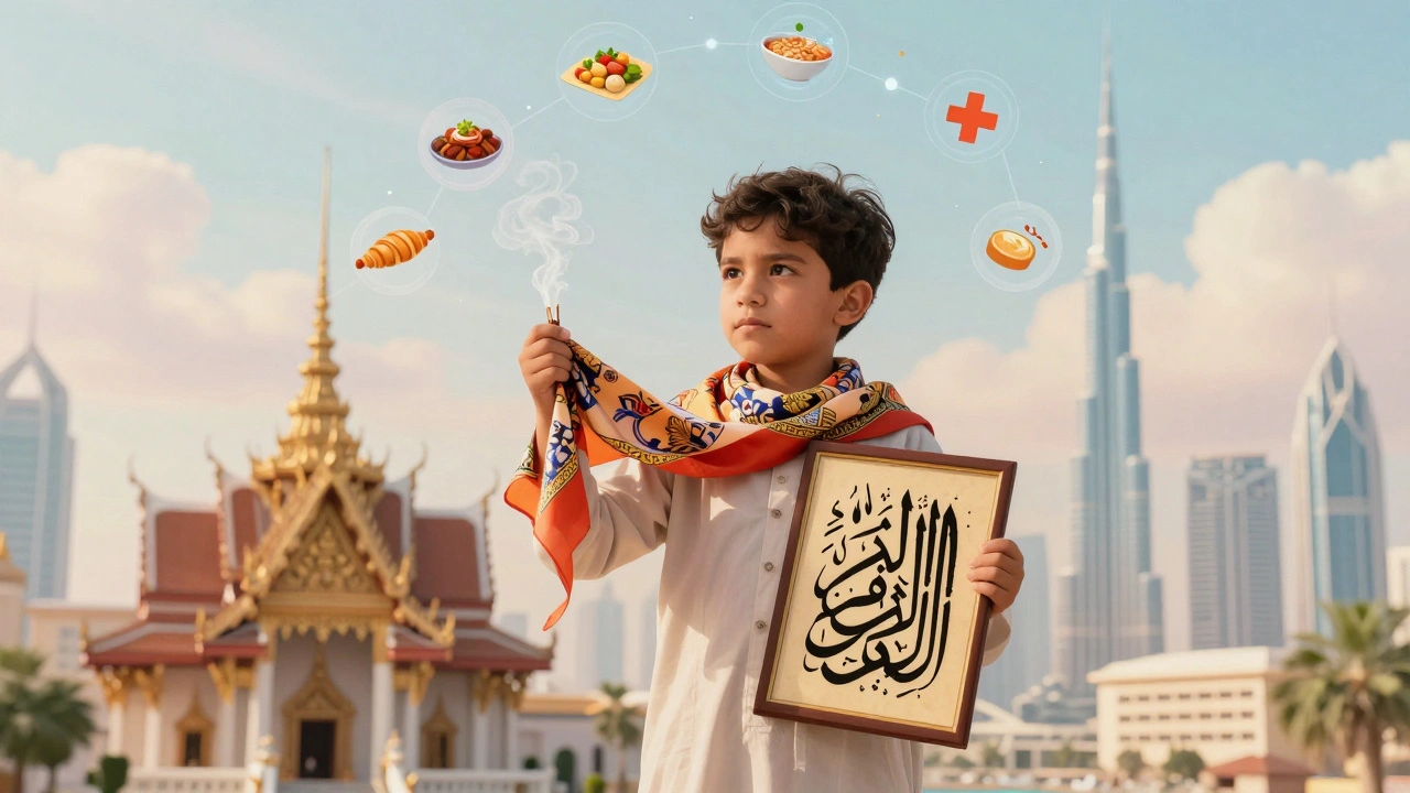 A bicultural child stands between Thai temple and Dubai skyline, symbolizing dual heritage.