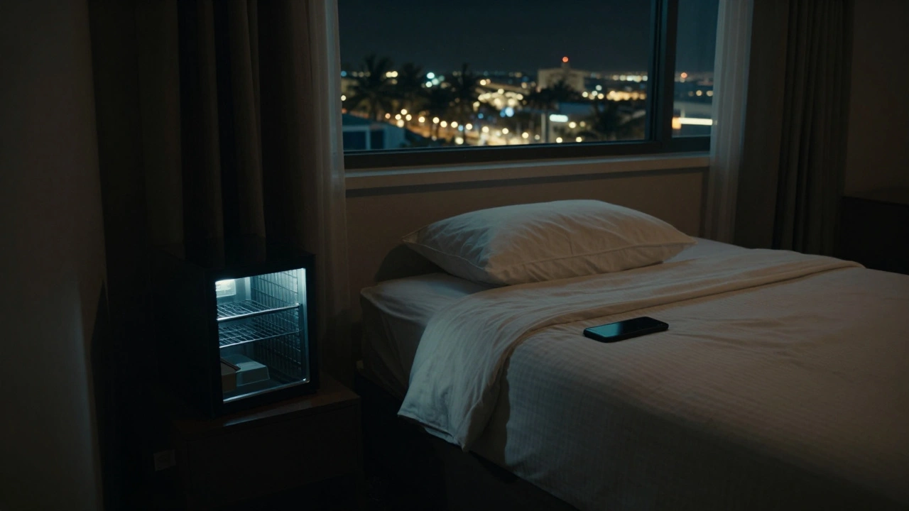 An empty hotel room with a discarded phone, hinting at missed connections and legal risks.