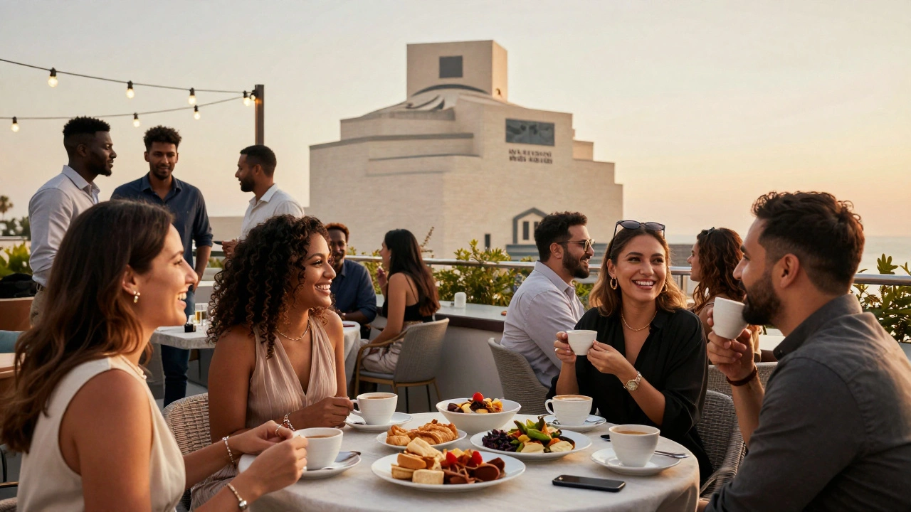 Expats socializing at a rooftop lounge in Doha during golden hour.