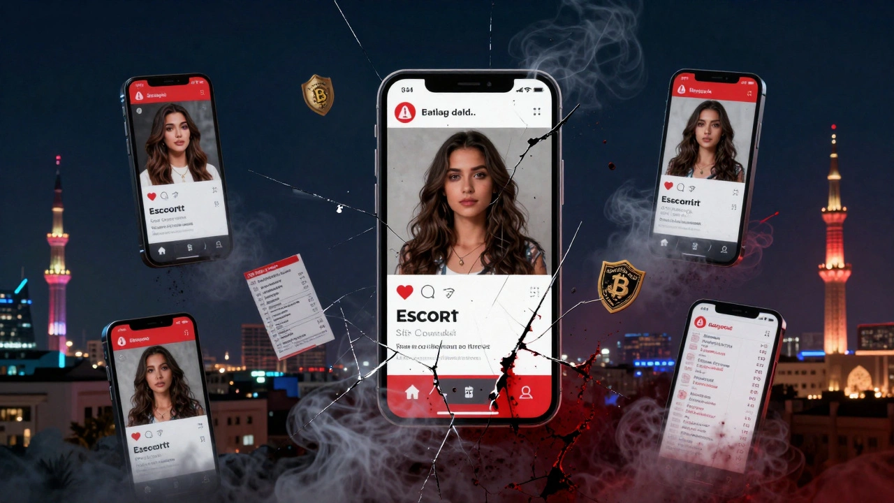 Fake escort ads crumbling into smoke above Kuwait's skyline with police and payment warnings.