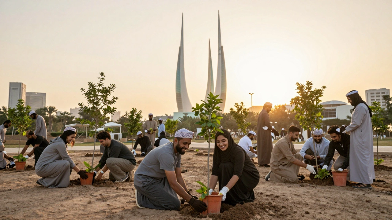 International volunteers planting trees together at Kuwait's Cultural District at sunrise.