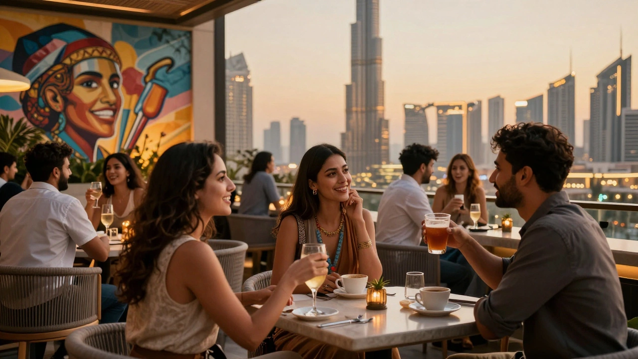 People socializing warmly on a rooftop bar in Dubai, enjoying the city skyline at night.